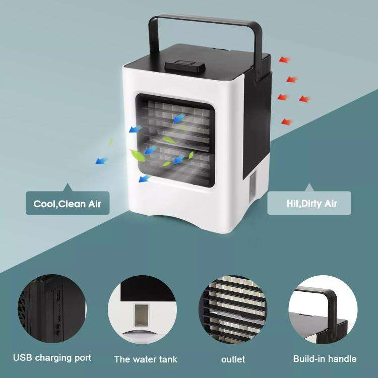 Mini Air Cooler Conditioner Rechargeable Humidifier USB Fan 3 Speed Adjustment(Black White)