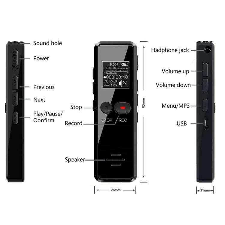 64GB 0.9-inch LCD Screen Interview Mini HD Recorder USB Charging MP3 Player