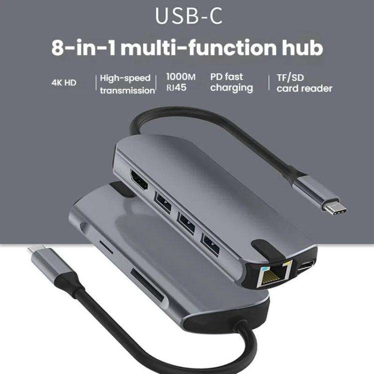 8-In-1 USB-C/Type-C Gigabit Ethernet Port Docking Station Hub HDMI 4K 60Hz