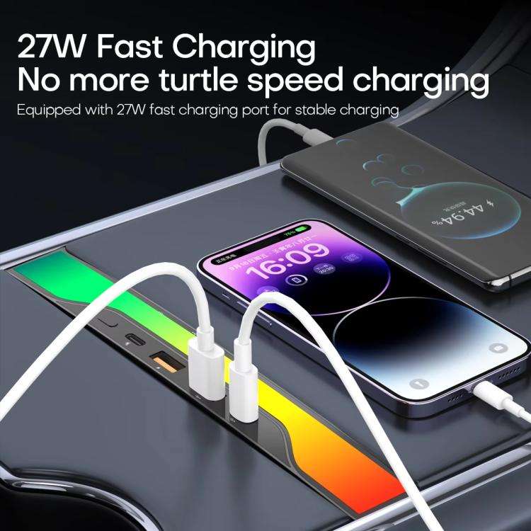 For Tesla Model 3 / Y 4-in-1 Colorful RGB Hub Docking Station(USBx2+Type-Cx1+PD Fast Charging)