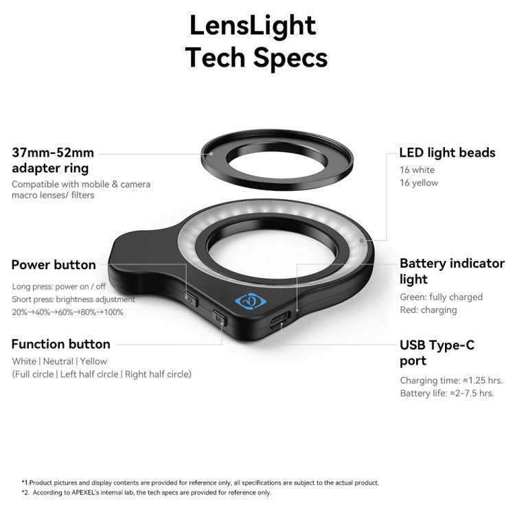 APEXEL APL-FL26 Jewelry Food Still Life Tri-color 9-speed Slim Ring Macro Photography Fill Light