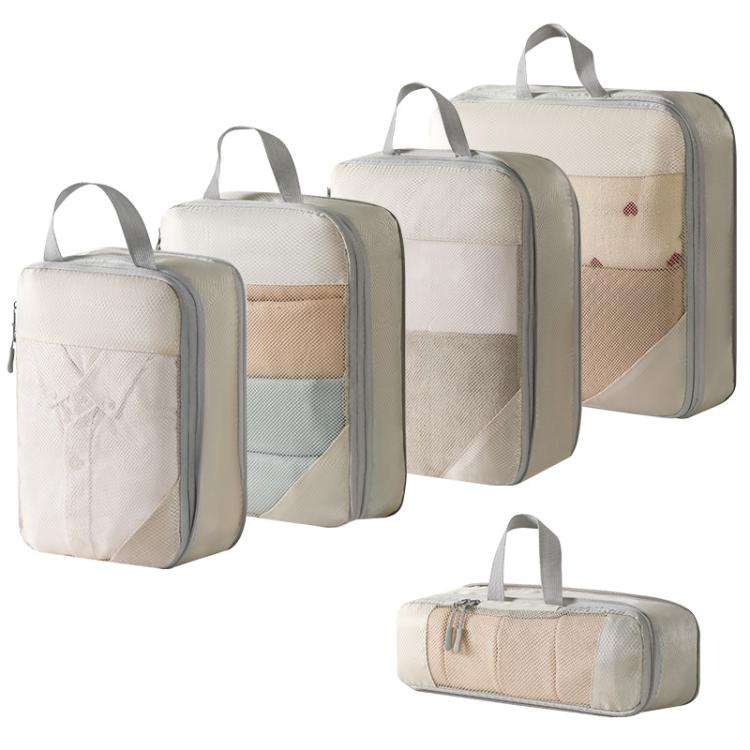 5 In 1 Mesh Compressed Travel Organizer Bag Luggage Clothes Shoes Toiletries Storage Bag(Beige)