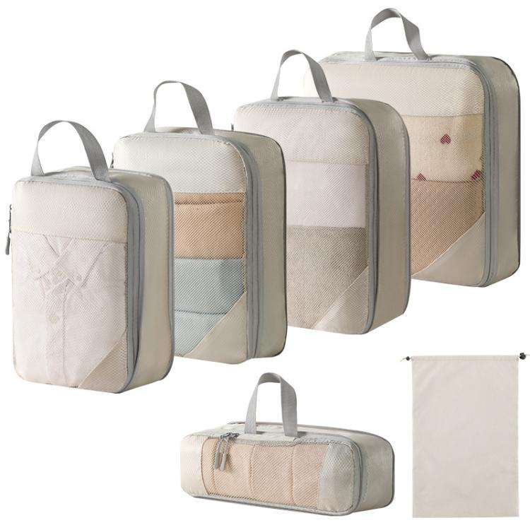 6 In 1 Mesh Compressed Travel Organizer Bag Luggage Clothes Shoes Toiletries Storage Bag(Beige)