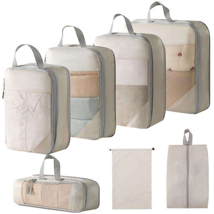 7 In 1 Mesh Compressed Travel Organizer Bag Luggage Clothes Shoes Toiletries Storage Bag(Beige)