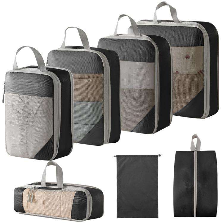 7 In 1 Mesh Compressed Travel Organizer Bag Luggage Clothes Shoes Toiletries Storage Bag(Black)