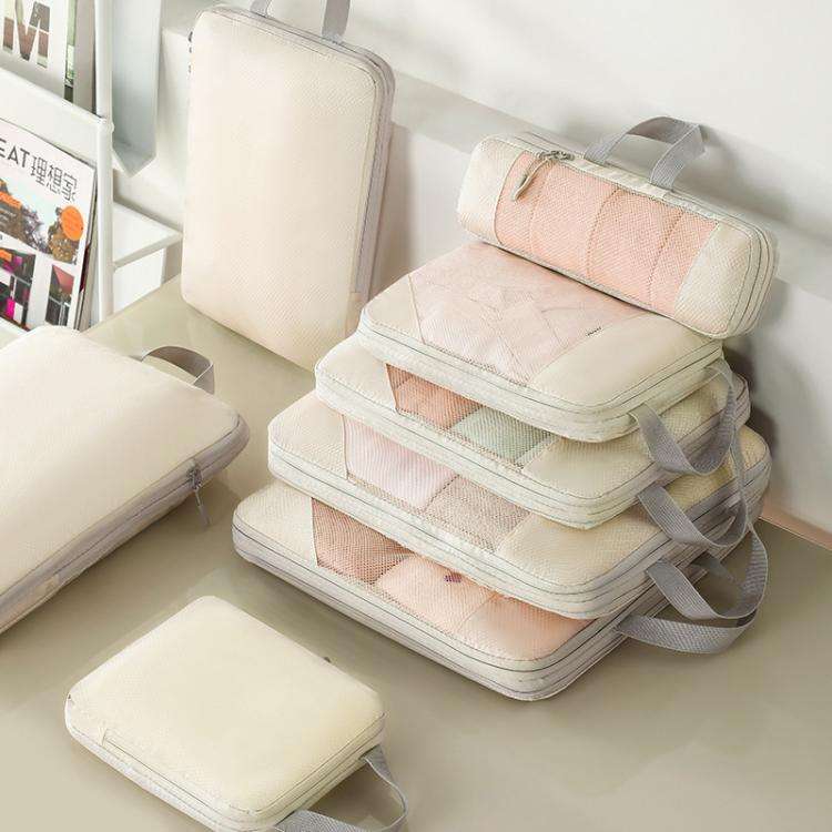 6 In 1 Mesh Compressed Travel Organizer Bag Luggage Clothes Shoes Toiletries Storage Bag(Beige)