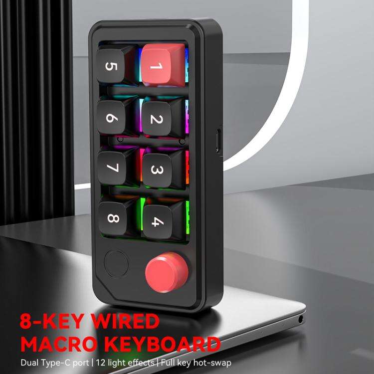 MKESPN 8-Key Wired Hot-Swappable Macro Definition Gaming Mechanical Keyboard With Knob(Black)