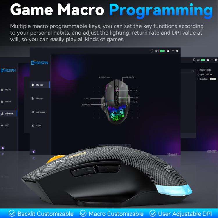 MKESPN W601 Silent Wireless Tri-mode Macro Gaming Mouse Carbon Fiber 12800DPI Bluetooth Mouse(Black)
