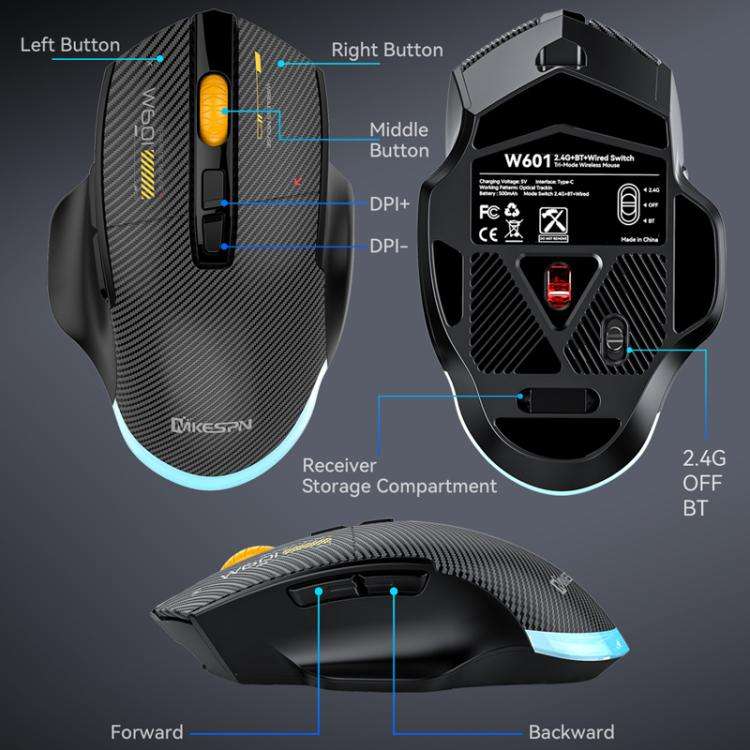 MKESPN W601 Silent Wireless Tri-mode Macro Gaming Mouse Carbon Fiber 12800DPI Bluetooth Mouse(Black)