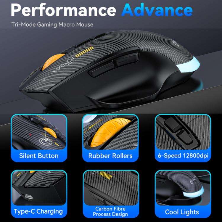 MKESPN W601 Silent Wireless Tri-mode Macro Gaming Mouse Carbon Fiber 12800DPI Bluetooth Mouse(White)