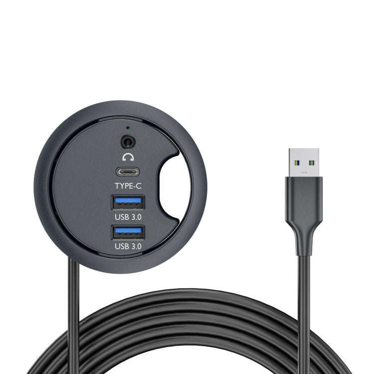 2xUSB3.0+USB-C+3.5mm Desk Grommet Splitter HUB Dock Station, Cable Length 1.2m