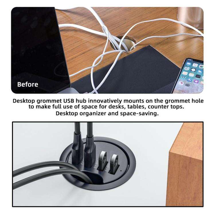 2xUSB3.0+USB-C+SD/MMC Desk Grommet Splitter HUB Dock Station, Cable Length 1.2m