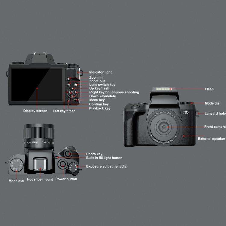FSD-W5 4-Inch Touch Screen WiFi Transmission 4K HD Digital Camera Student Photo SLR(Black)