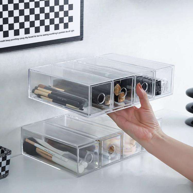 Acrylic Desk Organizer With 4 Drawers Stackable Glasses Display Case Makeup Brush Stationery Stor...