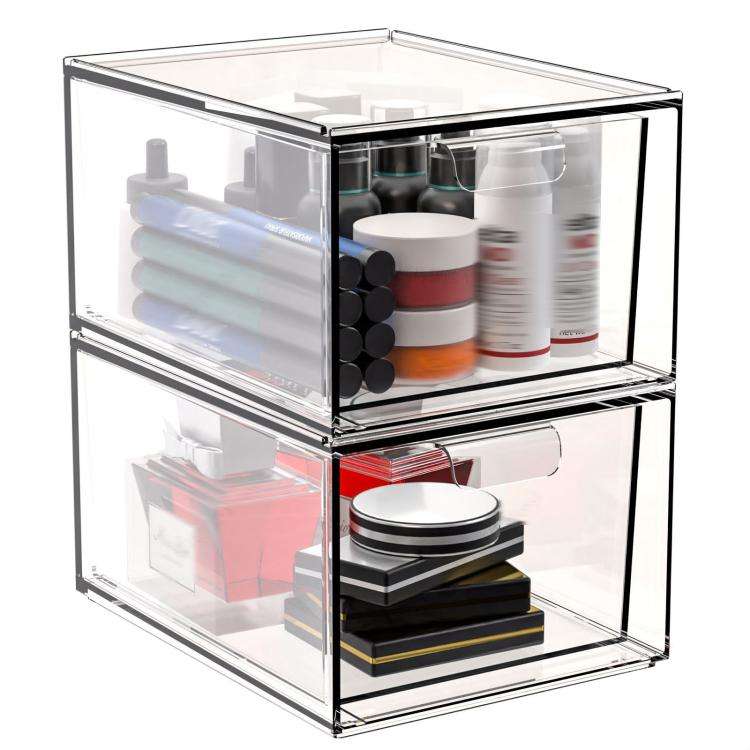 2pcs /Pack Stackable Makeup Drawer Organizer Acrylic Cosmetic Storage Box(Transparent)