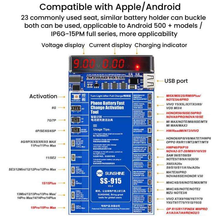 SUNSHINE SS-915 For iPhone Android Mobile Phone Repair Battery Charging Activation Board V9 Batte...