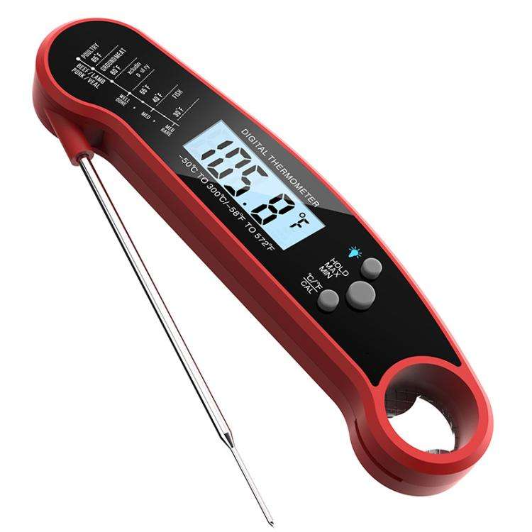 LCD Screen Digital Display Foldable Food Thermometer Kitchen Barbecue Thermometer(Red)