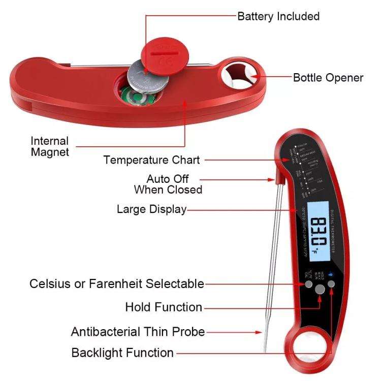 LCD Screen Digital Display Foldable Food Thermometer Kitchen Barbecue Thermometer(Black)