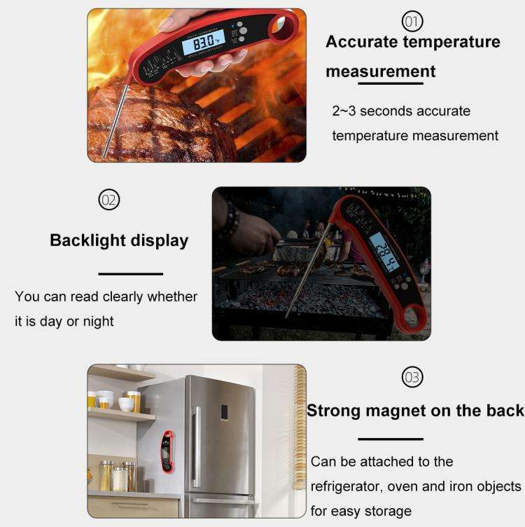LCD Screen Digital Display Foldable Food Thermometer Kitchen Barbecue Thermometer(Black)