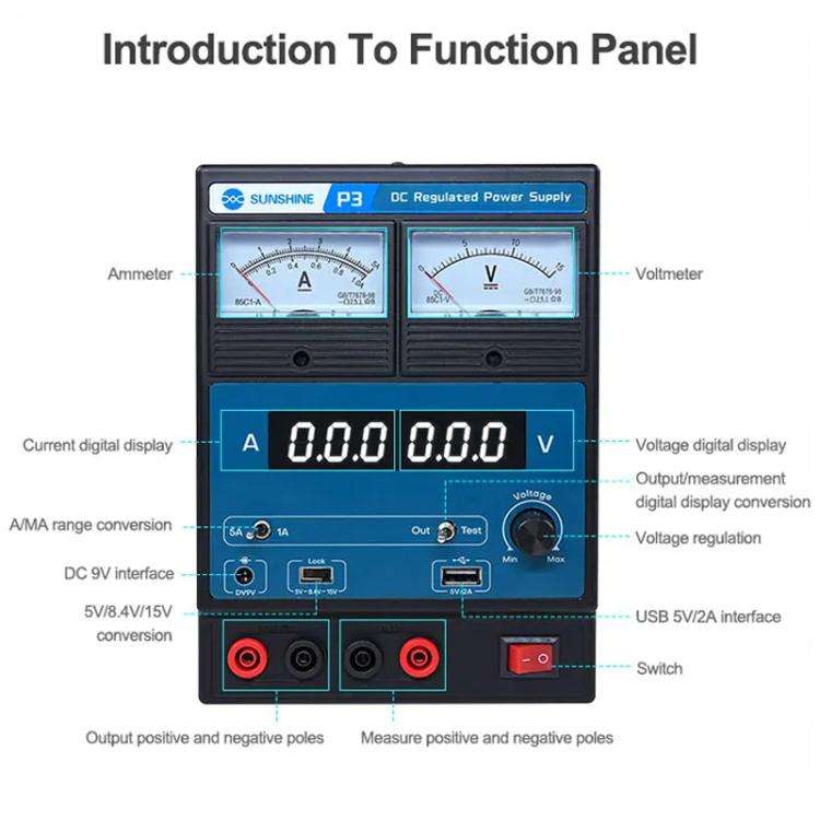 SUNSHINE P3 DC Regulated Power Supply 5V/8.4V/15V Switching Mobile Phone Repair Regulated Power S...