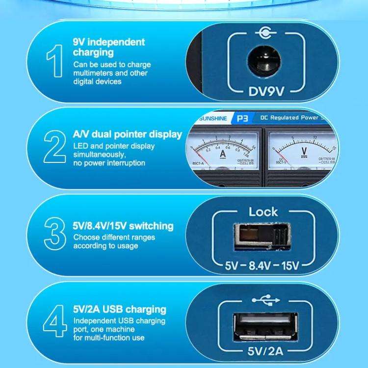 SUNSHINE P3 DC Regulated Power Supply 5V/8.4V/15V Switching Mobile Phone Repair Regulated Power S...