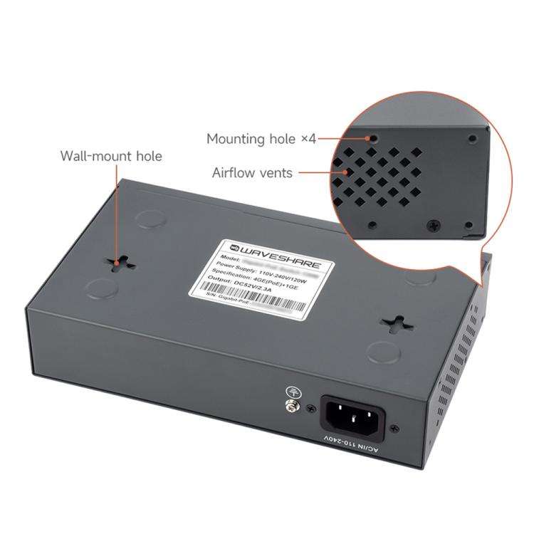 Waveshare 120W Industrial 4-Ports Gigabit Ethernet PoE Switch(EU Plug)