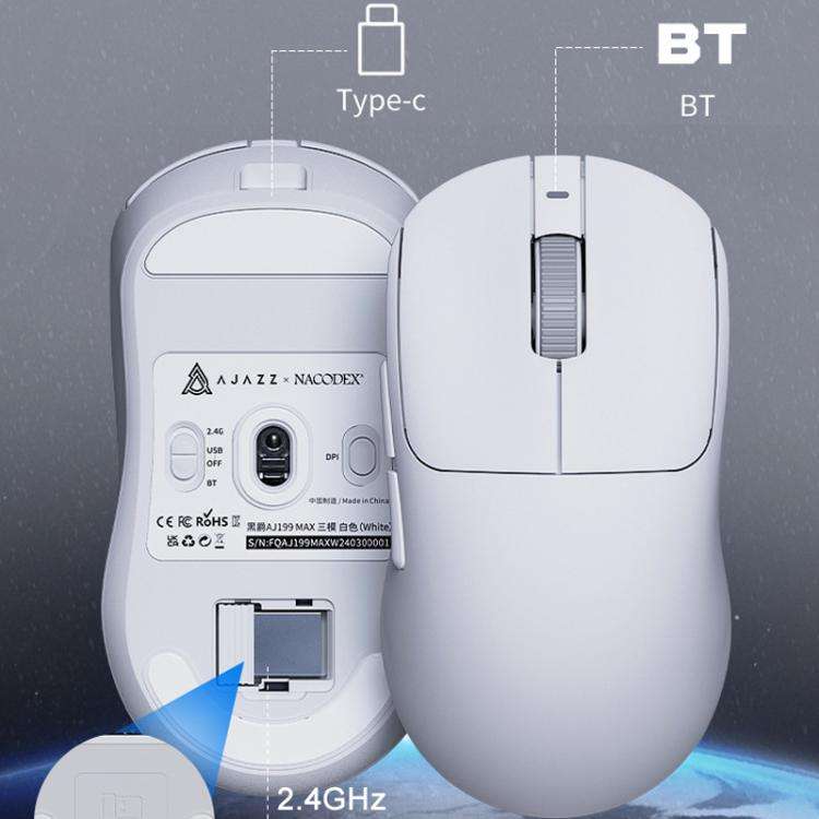 Ajazz AJ199 MAX Wireless 2.4GHz Wired BT Tri-Mode Mouse PAW3395 Lightweight Gaming Mouse(White)