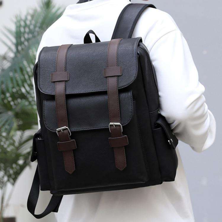OUMANTU 975 PU Leather Large-capacity Travel Laptop Backpack Casual Schoolbag(Black)