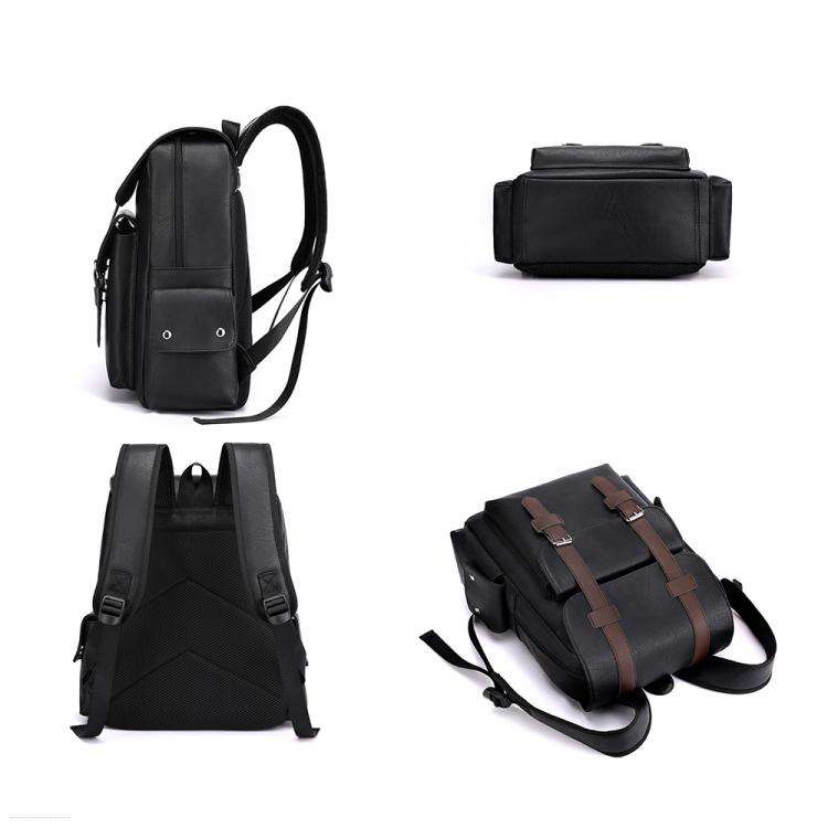 OUMANTU 975 PU Leather Large-capacity Travel Laptop Backpack Casual Schoolbag(Black)