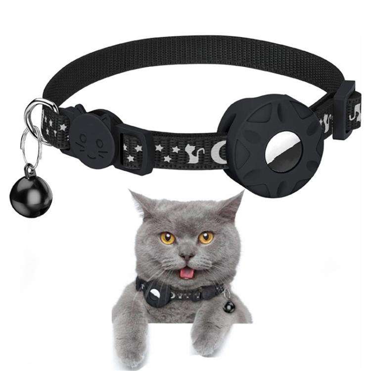 For AirTag Tracker Silicone Case Reflective Stars And Moon Cats Dogs Pet Collar With Bell(Black)