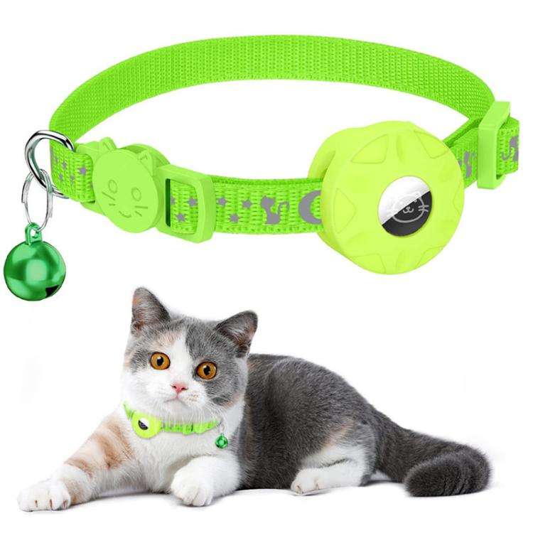 For AirTag Tracker Silicone Case Reflective Stars And Moon Cats Dogs Pet Collar With Bell(Green)