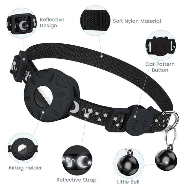 For AirTag Tracker Silicone Case Reflective Stars And Moon Cats Dogs Pet Collar With Bell(Purple)