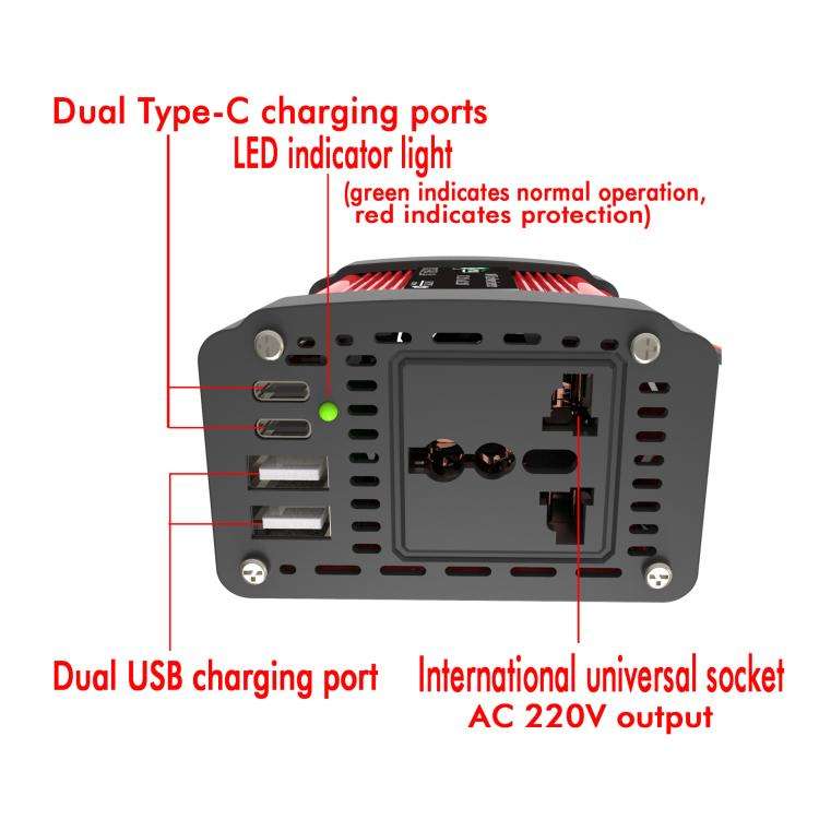 Gurxun Dual USB+Dual Type-C Charging Port Modified Square Wave Car Inverter, Spec: DC12V to AC220...