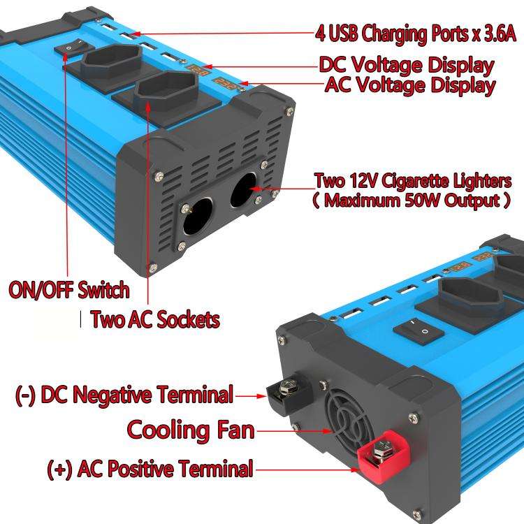 Gurxun 4 USB Ports Digital Display Modified Square Wave Inverter, Spec: 500W Brazil Plug 12V To 220V