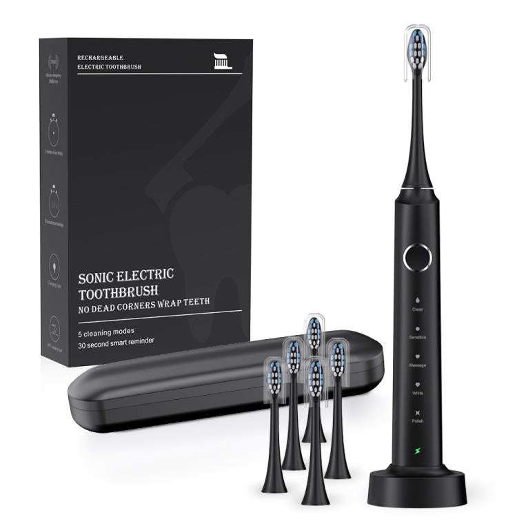 IPX7 Waterproof Smart Portable Sonic Electric Toothbrush with 6-brush Heads(Black)