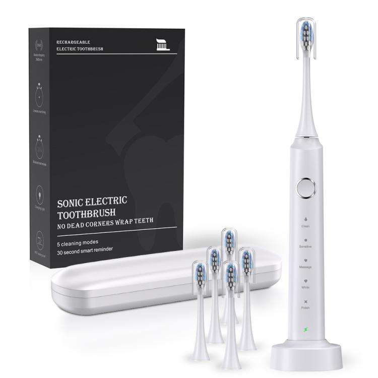 IPX7 Waterproof Smart Portable Sonic Electric Toothbrush with 6-brush Heads(White)