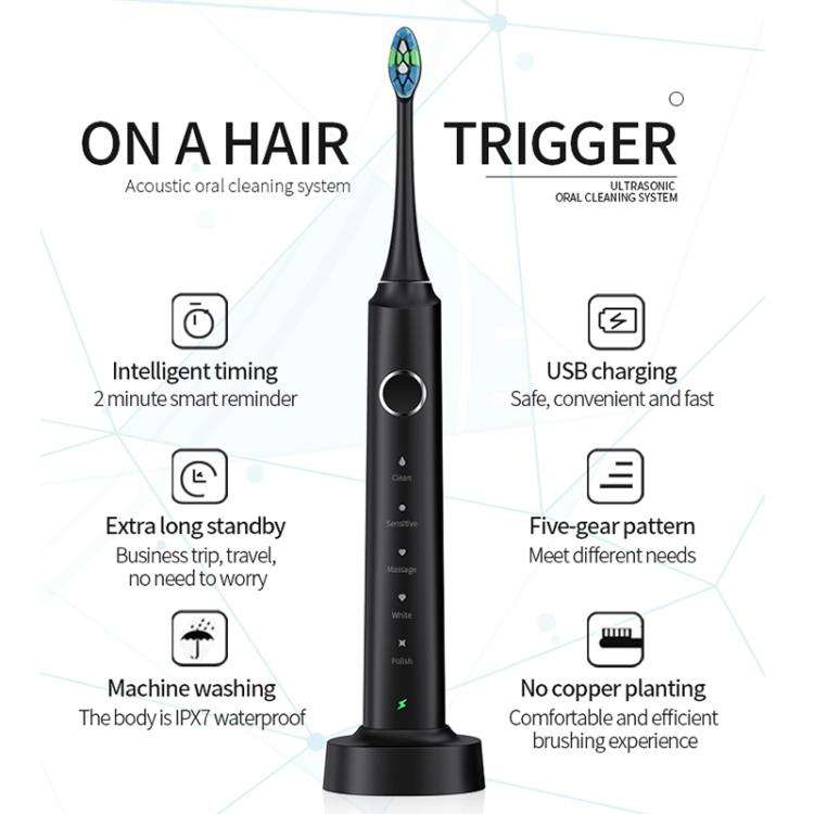 IPX7 Waterproof Smart Portable Sonic Electric Toothbrush with 6-brush Heads(Black)
