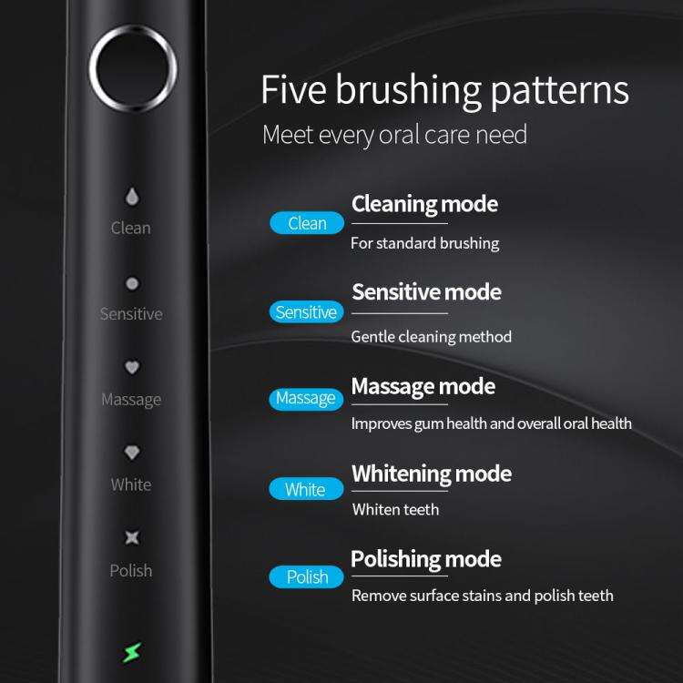 IPX7 Waterproof Smart Portable Sonic Electric Toothbrush with 6-brush Heads(Black)