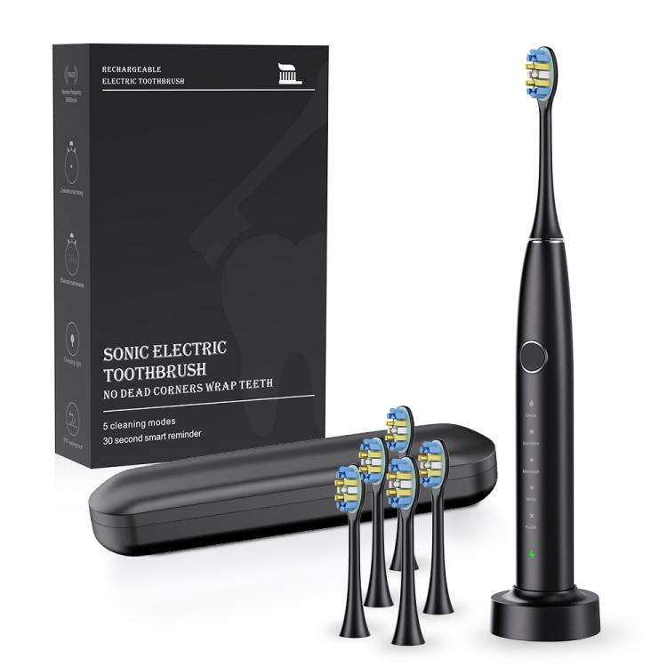 IPX7 Waterproof Portable Rechargeable Sonic Wireless Electric Toothbrush with 6-brush Heads(Black)