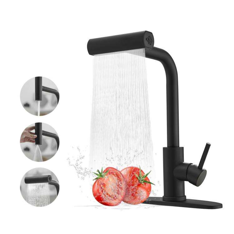 Pull-Out 4 Modes Waterfall Kitchen Faucet Hot/Cold Water Mixer Tap With Base(Black)