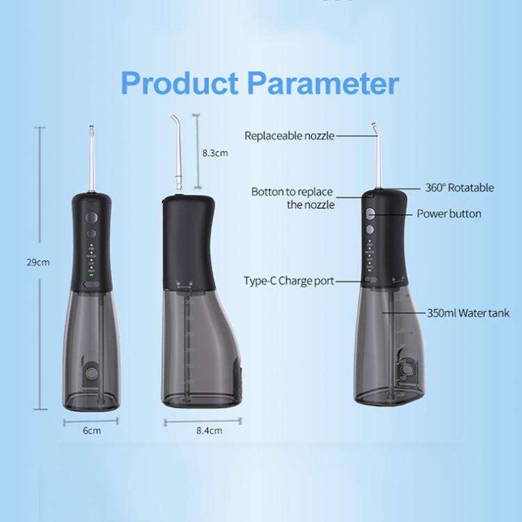 F500 IPX7 Waterproof 350ml Rechargeable Portable Handheld Pulse Electric Flosser(Black)