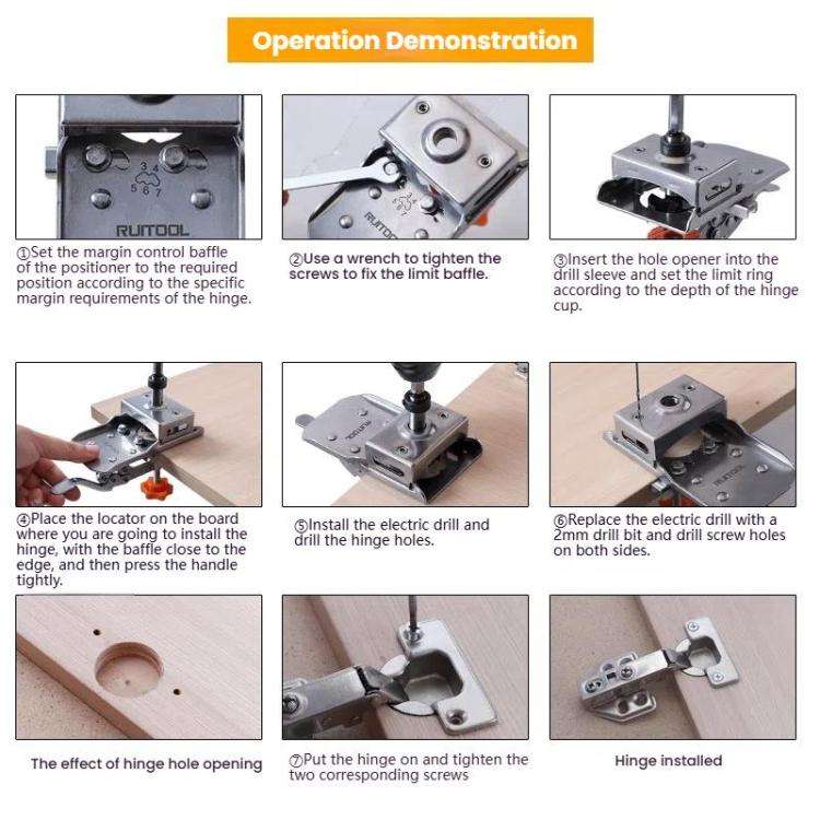 6 In 1 RUITOOL Stainless Steel Hinge Puncher Locator Adjustable Margin Quick Jig Woodworking Clos...