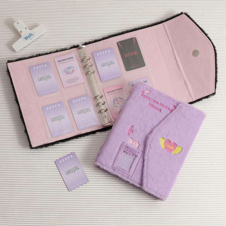 Hisocute Embroidered Plush Six Hole Magnetic Album A5 Card Album Binder Student Storage Booklet(P...