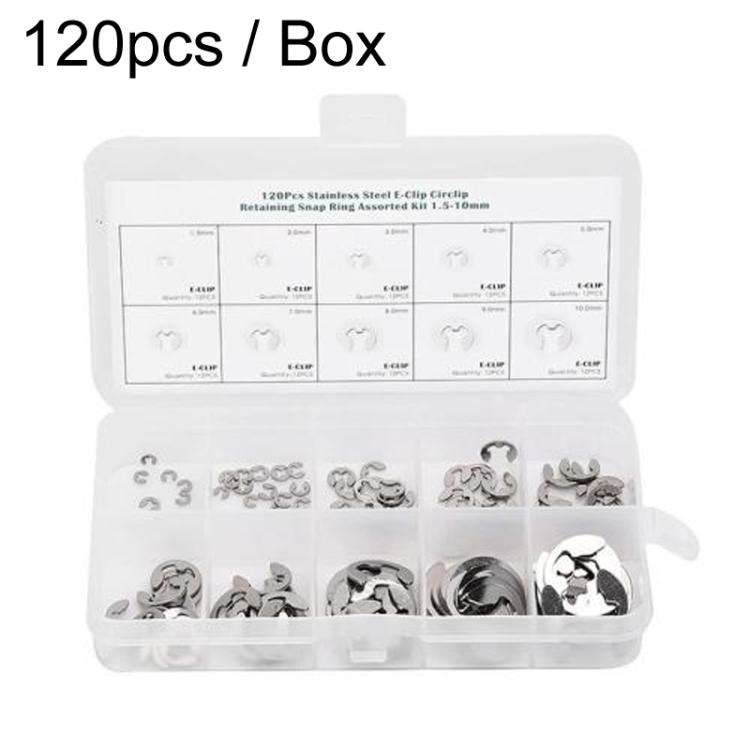120pcs / Box M1.5-M10 304 Stainless Steel E-Type Open Retaining Ring Kit