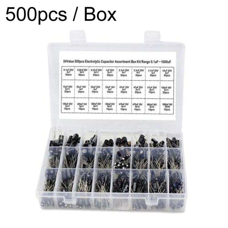 500pcs / Box 0.1uF-1000uF 24 Specifications Electrolytic Capacitor Kits