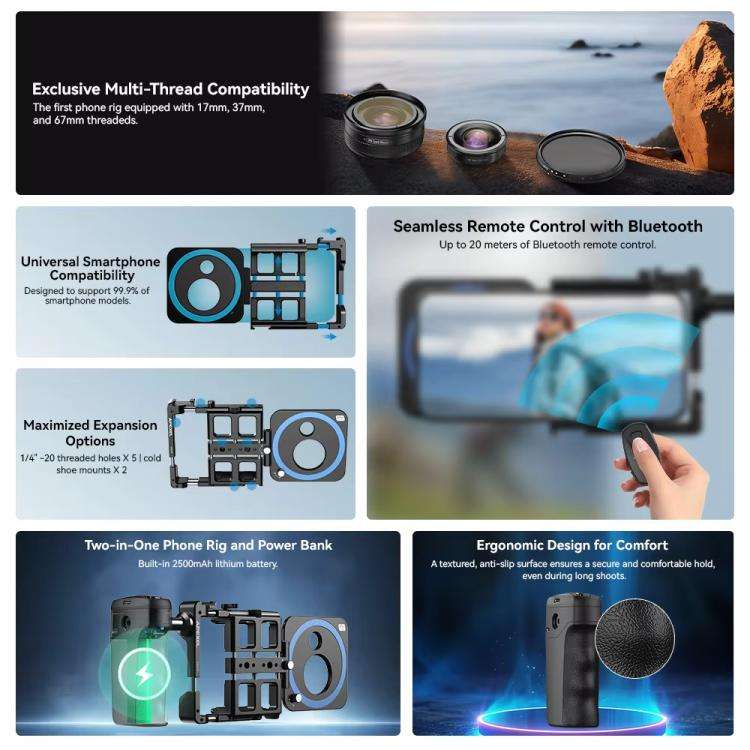 APEXEL VideoRig 2 Pro Smart Bluetooth Handle Mobile Photography Rabbit Cage Set(Black)