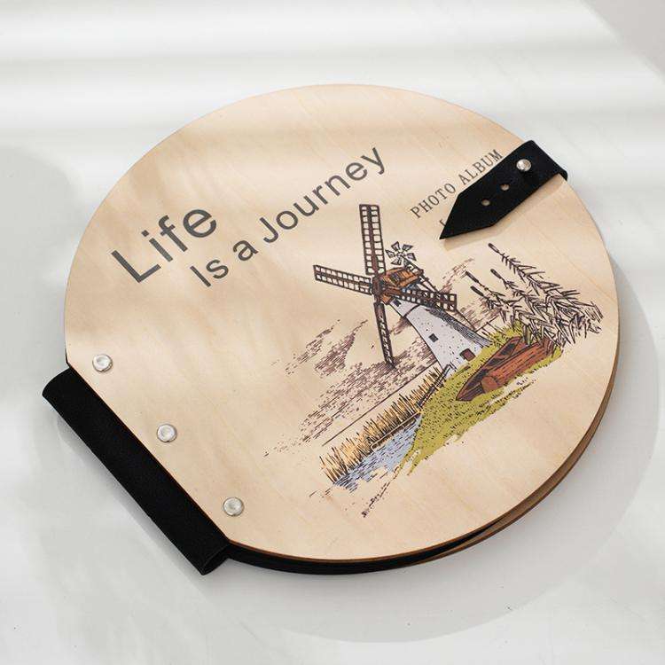 Wooden Round Photo Album Memorial Album Kids Growth Photobooks Cartoon DIY Scrapbook, Style: Life