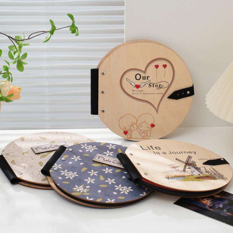 Wooden Round Photo Album Memorial Album Kids Growth Photobooks Cartoon DIY Scrapbook, Style: Dark...