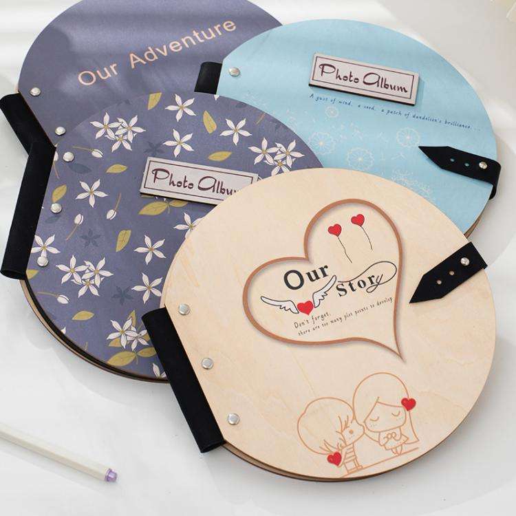 Wooden Round Photo Album Memorial Album Kids Growth Photobooks Cartoon DIY Scrapbook, Style: Dark...