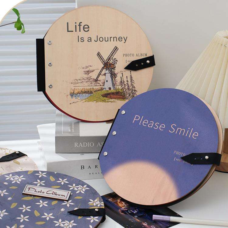Wooden Round Photo Album Memorial Album Kids Growth Photobooks Cartoon DIY Scrapbook, Style: Plea...